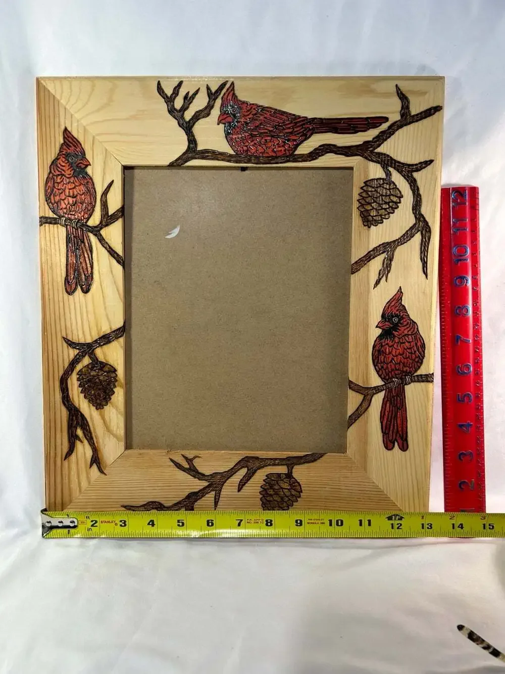 Red Cardinal pinewood rustic picture frame country core 8x10 burned art NO Glass